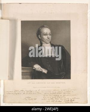 Portrait d'Abraham des Amorie van der Hoeven, Walraad Nieuwhoff, d'après Charles Howard Hodges, tirage de 1835 Portrait d'Abraham des Amorie van der Hoeven. Au milieu de la marge son arme personnelle avec chevalerie. gravure sur papier / gravure Banque D'Images