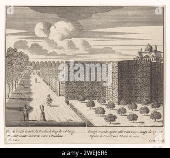 Vue de l'avenue arrière dans les jardins de huis ten Bosch, anonyme, en 1717 ou après impression vue de l'avenue arrière dans les jardins de huis ten Bosch, avec la porte ouest à gauche en arrière-plan. palais de gravure de papier. Jardin français ou architectonique ; jardin formel. Porte, entrée Palace huis ten Bosch Banque D'Images