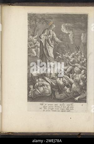Soldats qui entourent le Christ au sol, Antonie Wierix (II), d'après Maerten de vos, 1646 imprimer le Christ se fait connaître dans le Hof de Getsémane. Judas, son traître, et les soldats brillent en arrière et tombent au sol. En arrière-plan, Simon Pierre tire son épée pour tourner l'oreille droite de Malchus. Sous le spectacle, un verset de quatre lignes en latin. En bas à droite, la lettre : c. ce tirage fait partie d'un album. Gravure sur papier Christ se fait connaître ; les soldats tombent à terre  le baiser de Judas. Pierre tire son épée et coupe l'oreille de Malchus Banque D'Images