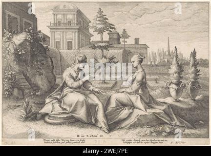 Juno s'approche de Semele sous la forme de Beroë, 1615 print Juno, sous la forme de Semeles vieille infirmière Beroë, conseille à Semele de demander à Jupiter de la montrer dans sa pleine majesté. C'est seulement de cette façon qu'elle peut savoir avec certitude que le père de l'enfant dans son ventre est un Dieu et pas un mortel ordinaire. Dans la marge inférieure une explication de quatre lignes, en deux colonnes, en latin. La gravure sur papier de Juno, sous le couvert d'une vieille femme (Beroe) incite Semele à demander à Jupiter de se montrer à elle dans toute sa splendeur divine Banque D'Images