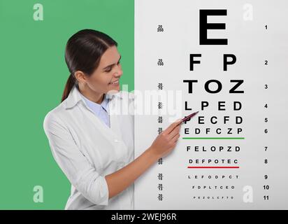 Ophtalmologiste pointant le tableau de test de vision sur fond vert Banque D'Images