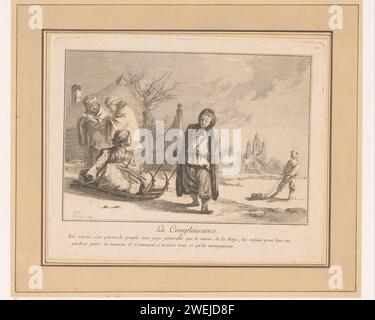 Une femme tire une autre femme sur un traîneau, Jean-Baptiste Leprince, imprimé 1764 dans un paysage hivernal, une femme tire une autre femme sur un traîneau. A gauche, un vieil homme et une vieille femme marchent devant une maison. Sur la droite un homme marche sur la glace. Traîneau à gravure de papier, traîneau (sports d'hiver). patins (sports d'hiver) Banque D'Images