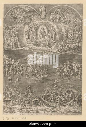 Jugement dernier, Anonyme, d'après Martino Rota, d'après Michel-Ange, 1576 Imprimer la fresque 'le jugement dernier' de Michel-Ange dans la chapelle Sixtine. En haut entre les deux arcs, le portrait de Michel-Ange, à l'âge de 73 ans. Gravure sur papier jugement dernier. portrait, autoportrait d'artiste Banque D'Images