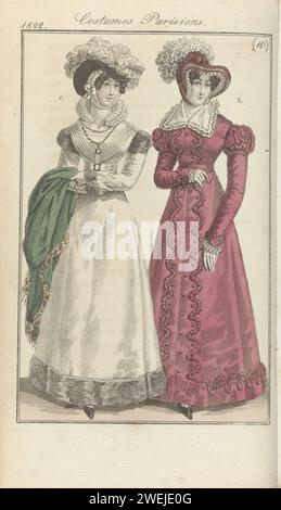 Journal des dames et de la mode, editis Francfort 3 mars 1822, costumes parisiens (10), Anonyme, 1822 le texte d'accompagnement (p. 271) mentionne : Fig. 1 : chapeau de satin, décoré d'autruches. Cornette garnie de 'blonde' (canette). Japon de laine mérinos garni de Chinchillabont. Chaussures blanches propres à la main et noires. Fig. 2 : chapeau de velours. Klapon de 'REPSs' avec la même garniture. Collier GaAs est tombé avec 'blonde' (bobine). Gants blancs. Chaussures noires. Le tirage fait partie du magazine de mode Journal des Dames et des modes, publié à Francfort comme un exemplaire de l'édition française de Pierre Banque D'Images