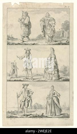 Huit personnages avec des vêtements hollandais des 17e et 18e siècles, 1769 - 1778 huit personnages avec des vêtements hollandais des 17e et 18e siècles, divisés en trois cadres. L'estampe fait partie du livre : Histoire naturelle de la Hollande, publié en sept parties par Johannes le Francq van Berkhey (1729-1812) entre 1769 et 1778. Les deux premières figures sont dérivées des Figures à la Moden de la série Hooghe. plaques de mode gravées en papier. robe, robe (+ vêtements pour femmes). casque (+ vêtements pour femmes). fan (+ vêtements pour femmes). bâton de marche, personnel, canne (+ vêtements pour hommes). jupe (+ cl. femme Banque D'Images