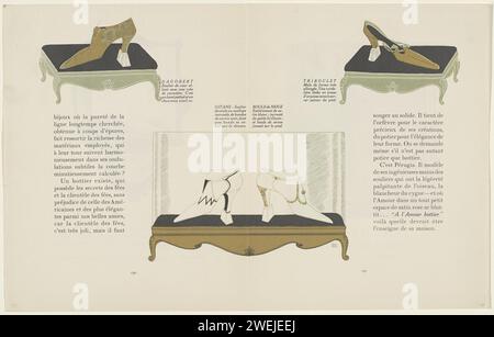 Gazette de bon ton. Art - modes & Frivolités : mise en page, 1922 Double page avec quatre chaussures pour femmes avec HAK de la marque Perugia, montré sur des taboerets ou dans une vitrine. Gauche : Dagobert ; Gitane ; droite : boule de neige ; Tribouette. impression typographique de plaques de mode en papier. Banque D'Images