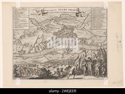 Siège de grave par Willem III, 1674, Coenraet Decker, 1684 imprimer le siège et la conquête de grave par Guillaume III, du 25 juillet au 29 octobre 1674. Vue du siège de la ville sur la Meuse. Au premier plan, un représentant de la ville remet la demande de reddition à Guillaume III En haut à gauche une légende A-N et 1-7, en haut à droite une légende 8-23. gravure sur papier / gravure siège, position guerre. prise de ville (après le siège). reddition  guerre. Cartes des villes grave Banque D'Images