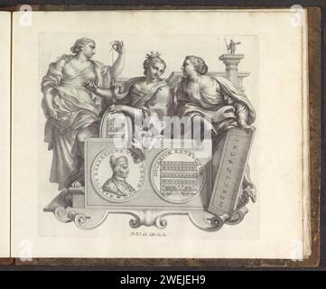 Portrait de Marco Barbarigo et les personnifications de Meeting, Splendor, Robert van Audenaerd, 1673 - 1743 print Pedest sous forme de cartouche. Puis un médaillon avec le portrait de Marco Barbarigo avec Dogehoed sur le devant. À l'arrière, la façade d'un palais avec le texte : Ducarium Extructum. Le piédestal est entouré de trois personnifications féminines placées pour un palais. A gauche la personnification de l'art de mesure avec Paslood et passer. En outre, il y a de la splendeur : une femme avec une couronne et dans sa main un ovale sur lequel est représenté le dessin d'un beau palais. À droite Banque D'Images