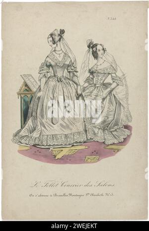 Le Follet courrier des Salons, Editie Brussel, CA. 1836, no 248, c. 1836 deux femmes dans des robes de mariée différentes. Tirage du magazine de mode le Follet courrier des Salons, édition Bruxelles, (1834-1836). assiettes de mode en papier. voile (+ vêtements pour femmes). mariée (en robe de mariée). collier (+ vêtements pour femmes). gants, mitaines, etc (+ vêtements pour femmes). broche, agraffe, fermoir (+ vêtements pour femmes). arc (partie ornementale des vêtements) (+ vêtements pour femmes). corsage (+ vêtements pour femmes). livre Banque D'Images