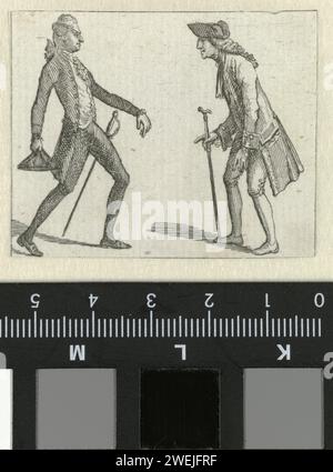 Habillemens de Leipzig. 1785 1786 : deux hommes debout, 1785 - 1786 à gauche un homme vêtu d'un monstre, gilet et pantalon de genou. Jabot et poignets ridés. Bas. Accessoires : (ornemental) Degen, point à trois mains, chaussures avec boucles. L'homme à droite porte un Justaucorps, Jabot, Kniebroek, bas. Accessoires : chapeau, bâton de marche, chaussures. L'estampe fait partie d'un Almanak, Habillemens de Leipzig, 1785-1786. pantalons de gravure en papier, culottes, etc (CULOTTES) (+ vêtements pour hommes). casque : tricorn (+ vêtements pour hommes). calendrier, almanach. assiettes mode. Manteau (JUSTAUCORPS) (+ vêtements pour hommes). Banque D'Images