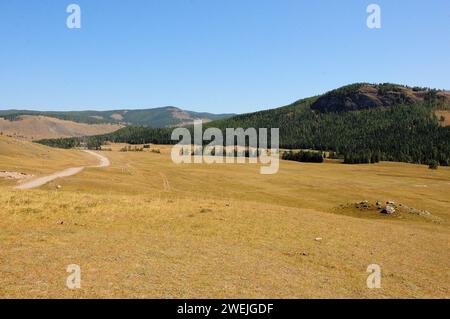 La route sinueuse des champs contourne les collines à travers la steppe sèche d'automne vers les hautes montagnes. Steppe de Kurai, Altaï, Sibérie, Russie. Banque D'Images