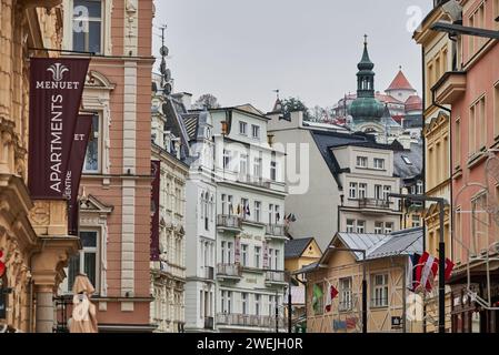 Karlovy Vary Karlsbad ancienne ville thermale historique avec des sources chaudes en Bohême République tchèque le 14 janvier 2024 Banque D'Images