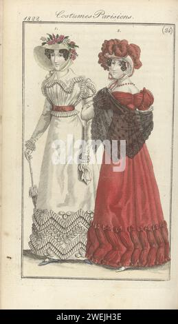 Journal des dames et de la mode, editis Francfort 9 juin 1822, costumes parisiens (24), Anonyme, 1822 selon le texte d'accompagnement (p. 655 et 656) : Fig. 1 : chapeau de 'paille d'Italie'. Canezou de coton batist (percale). Kapon de coton batist (percale) décoré avec des bandes et des «coques» de mousseline. Ceintuur du cuir marocain. Gants blancs. Chaussures Lila. Fig. 2 : chapeau de satin, décoré de ressorts d'autruche. Japon de barèges orné de 'bouffans' de maille et de nœuds satinés (ou noeuds ?). Fichu van 'Blonde' (canette). Gants blancs et chaussures ditto. L'imprimé fait partie du magazine de mode jou Banque D'Images