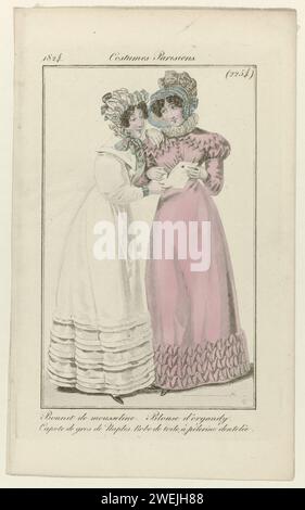 Journal des dames et de la mode, costume parisien, 5 août 1824, (2254) : Mousselin Bonnet (...), 1824 deux femmes regardent une lettre ensemble. La femme à gauche est vêtue d'une "blouse" d'orland. Sur la tête un chapeau de mousseline. L'autre femme a une 'capote' de 'gros de Naples' sur la tête. Elle porte un tissu de toile, avec une pèlerine avec un ourlet dentelé. Bracelets autour des deux poignets. Le tirage fait partie du magazine de mode Journal des Dames et des modes, édité par Pierre de la Mésangère, Paris, 1797-1839. plaques de mode gravées en papier. robe, robe (+ vêtements pour femmes). tête de train Banque D'Images