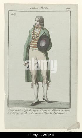 Journal des dames et de la mode : mode homme, 1797 coiffure avec cheveux tressés. Gilet à larges rayures et deux rangées de boutons. Veste avec col surélevé et boutons en acier en forme de losange. 'Culotte à l'anglaise' (pantalon genou). Cravat coloré. Bas aux sons décorés, chaussures plates avec nez pointus et boucles argentées. Autres accessoires : épingle, chapeau, gant. Le tirage fait partie du magazine de mode Journal des Dames et des modes, publié par Sellèque, Paris, 1797-1839. plaques de mode gravées en papier. manteau (+ vêtements pour hommes). casque : chapeau (+ vêtements pour hommes). Cou-équipement  vêtements (CRAVAT) Banque D'Images