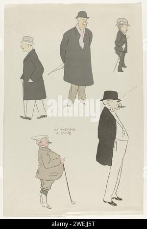 Au Golf-Club de Cannes, CA. 1920, c. 1920 caricature de cinq hommes plus âgés dans un club de golf à Cannes. Le bas du golfeur en bas à gauche porte un kit de golf composé d'une veste, d'un pantalon de genou et de slobberry. Capuchon sur la tête. Cigare dans la bouche et club de golf à la main. L'homme en bas à droite, les mains dans les poches, est Louis Veuillot. assiettes de mode en papier. casque : chapeau bowler (+ vêtements pour hommes). casque : chapeau (+ vêtements pour hommes). pantalons, culottes (+ vêtements pour hommes). bâton de marche, personnel, canne (+ vêtements pour hommes). manteau (+ vêtements pour hommes). casque : casquette (+ vêtements pour hommes). cigare (+ Banque D'Images