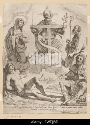 Heiligen Sebastiaan, Rochus, Maria en Blasius, Giovanni Battista Pasqualini, d'après Guercino, 1630 impression au premier plan, le Sacré Sebastiaan, percé de flèches, à gauche sont le Saint Rochus avec des chiens et des attributs de pèlerin. Au-dessus d'eux se trouvent Marie et Saint Blasius. Au milieu un autre saint (peut-être Antonius le Grand) avec l'épée et la branche de palmier à la main et sur ses bras une variation sur le Tau-Kruis portant. Affectation dans la marge inférieure. Gravure sur papier le martyr Sebastian ; attributs possibles : flèche(s), arc, tronc d'arbre. Le martyr Blaise (Blasius), évêque de Sébaste ; possible batsville Banque D'Images