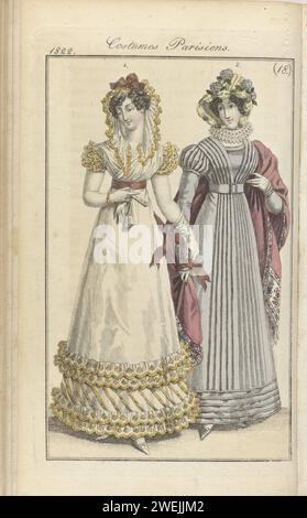 Journal des dames et de la mode, editis Francfort 28 avril 1822, costumes parisiens (18), Anonyme, 1822 selon le texte d'accompagnement (p. 495 et 496) : Fig. 1 : 'bonnet à la Duchesse' (chapeau). Klangon avec un corps croisé de 'Barèges', garni de festons de soie. Bracelets 'à la Néhula'. Ceintuur et rosette de maille. Gants blancs et chaussures ditto. Fig. 2 : chapeau de maille décoré de fleurs et garni de Roureg divisé par des boucles en satin. Klapon 'Gallo-grecque ou and Blouses' de MerinoWol avec plis réguliers. Gants blancs et chaussures lilas. L'imprimé fait partie du maga de la mode Banque D'Images