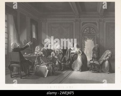 Le vieil ami, 1864 imprimer dans une chambre, avec une porte ouverte sur une terrasse, il y a une paire plus âgée à la table avec deux enfants. Un homme plus âgé vient d'arriver accueille la femme avec un baiser de la main. L'homme à la table lui tend les deux bras. Deux jeunes femmes prennent la veste, le chapeau et le bâton de l'invité, deux jeunes enfants traînent une chaise à la table. salles communes en papier. réunion. amis Banque D'Images