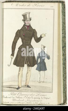 Petit mail des dames, 25 avril 1828, non 550 : longchamps modes ..., 1828 'modes de Longchamps'. Homme debout dans un sauvetage avec transbordement et col carré. Pantalon long Span de Suede. Un chapeau haut de gamme sur la tête. Bâton de marche court dans la main. Chaussures avec nez et traces carrés. En arrière-plan une figure, vue au dos, dans la même redingote. Tirage du magazine de mode petit courrier des Dames (1821-1868). Relié (avec quelques pp.. Le Journal des Dames et des modes). Du 15 janvier 1827 au 20 mars 1830. Incomplet. plaques de mode gravées en papier. cou-équipement : col (+ vêtements pour hommes). manteau Banque D'Images