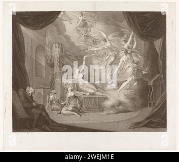 Droom van Koningin Katharina, Francesco Bartolozzi, d'après Johann Heinrich Füssli, 1738 - 1815 imprimer scène de la pièce Henrdrik VIII de William Shakespeare (IV, II). La reine Katharina, l'épouse rejetée d'Henri VIII, est réconfortée la nuit précédant son exécution dans son rêve par les esprits de la paix qui l'honorent et dansent pour elle. rêve de gravure de papier. esprit, fantôme. Banque D'Images