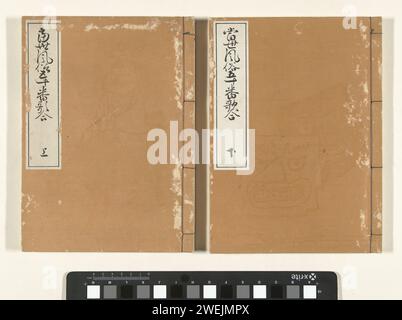 Coutumes modernes comparées en 50 poèmes - partie 2, livre de 1907 partie deux (de deux) ; couverture brun clair avec deux masques en pression aveugle, dans la bande de titre blanche en haut à gauche ; 31 magazines, numérotés : première page, page de titre ; 27-4, table des matières ; 1-51, pages de droite, poèmes ; pages de gauche, images de personnes au cours de diverses activités ; 52-56, texte ; dernière page, colophon. papier couleur gravure sur bois Banque D'Images