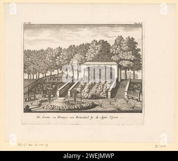 Vue sur la grotte et la fontaine à l'étang arrière du château de Rosendael, Jan Smit (I), 1718 print vue sur la grotte et la fontaine à l'étang arrière du château de Rosendael. Au-dessus de la cascade le cabinet de Neptunes. En haut à gauche numéroté : VIII En haut à droite marqué : page : 28b. Gravure sur papier jardin français ou architectonique ; jardin formel. château. fontaine de jardin. bassin de jardin. (Histoire de) Neptune (Poséidon) Château de Rosendael. Gouvernail Banque D'Images