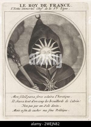 Louis XIV, roi de France, Jacob Gole, d'après Cornelis Dusart, 1691 estampe Cartoon sur Louis XIV, roi de France. Il est représenté comme un moine sans visage avec une cagoule et une torche à la main. Le soleil, symbole pour le roi, brille seulement dans le capot et a perdu toute sa puissance à l'extérieur. Nuages sombres derrière le gel. L'estampe fait partie d'une série de dessins animés sur Louis XIV et son entourage. gravure sur papier de caricatures politiques et satires. torche. soleil représenté comme visage, roue, etc Banque D'Images
