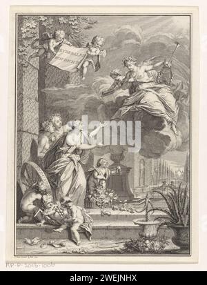 Poésie en conversation avec des figures allégoriques, Jan Punt, 1740 imprimer Poésie qui descend d'un nuage dans un jardin, en conversation avec les figures féminines allégoriques hospitalité, amitié et courtoisie. Au premier plan trois putti qui symbolisent les soins marchands (avec Caduceus), le génie mécanique (avec carré) et Landvreugd (avec RAD). Deux putti volent dans les airs avec un tissu sur lequel le titre en néerlandais. Gravure sur papier représentations symboliques, allégories et emblèmes  poésie ; 'Poesia' (Ripa). Hospitalité ; 'Hospitalità' (Ripa). Humanité, politesse ; 'Cortesia', 'Humanità' (RI Banque D'Images