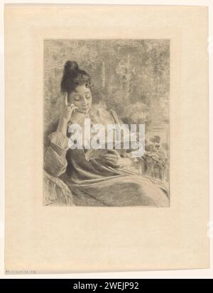 Femme de lecture dans une chaise, 1850 - 1915 imprimer papier japonais (papier fait à la main) journal à point sec, feuille de nouvelles. livre. tête tenue dans la ou les main(s), coudes appuyés sur une élévation ou sur les genoux Banque D'Images