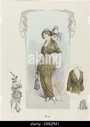 Dame dans une tunique vert olive et jupe souche, W 369, c. 1913 Femme debout, encadrée par des guirlandes de roses, garnie d'une tunique vert olive avec deux tissus froissés sur une jupe souche assortie avec un grand noeud au milieu. Col et poignets de Kant (?). Accessoires : chapeau vert olive décoré de ressorts gris, gants longs, sac support, parasol, chaussures avec boucles rondes. En bas à gauche un dessin au trait de l'arrière de l'ensemble (mais avec un chapeau différent sur la tête). Sur la droite dans un ovale une tunique vert olive avec col écharpe. En bas à droite un dessin au trait du dos de cette tunique. papier Banque D'Images