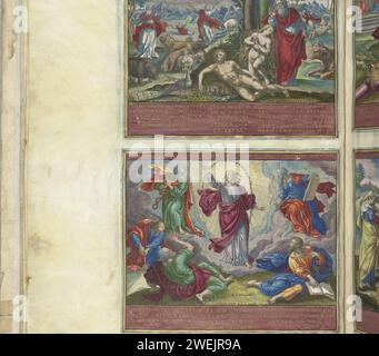 Création d'Eva, 1579 imprimer Illustration du premier article de foi (Je crois en Dieu, le Père tout-puissant, Créateur du ciel et de la terre) du Credo apostolique. Dieu le Père crée Eva à partir d'Adams Rib. Sur la droite en arrière-plan, Dieu le Père se penche sur Adam et le souffle dans la vie. A gauche la création du monde et des animaux. Au-dessus de la montre une référence au texte de la Bible en ex. 20:11. Sous le spectacle deux textes bibliques et le premier article de foi de la croyance apostolique en latin. Ce tirage fait partie d'un album. parchemin (matériel animal). Gravure sur papier en laquelle je crois Banque D'Images