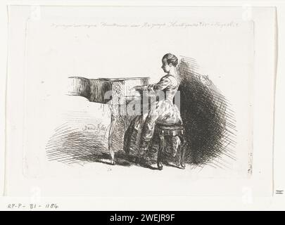 Fille au piano, David bles, 1863 imprimer Une fille est assise sur un tabouret de piano et joue sur un gracieux piano-fort ou clavecin. gravure sur papier d'une personne jouant d'un instrument à clavier. clavicorde, clavecin Banque D'Images