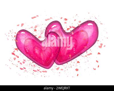 Deux aquarelle romantique coeur lumineux sur fond de coups de peinture rose. Coeurs roses transparents. Symbole de l'amour. Illustration dessinée à la main Banque D'Images