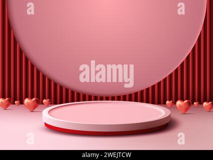 Présentation des produits de la Saint-Valentin maquette de podium 3D rose et rouge a préparé le terrain pour la décoration d'amour avec des éléments de coeurs et fond de cercle sur rouge Illustration de Vecteur