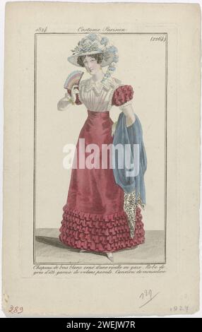 Journal des dames et de la mode, costume parisien, 15 septembre 1824, (2264) : chapeau en bois blanc (...), 1824 femme dans une robe de 'gros d'été' garnie de bandes plissées du même tissu. 'Canezou' de Mousseline. Sur la tête un chapeau de 'Bois blancl' orné d'un 'resille' de Tulle. Autres accessoires : boucles d'oreilles, ventilateur, gants, bracelets autour des deux poignets, écharpe, chaussures avec nez carré. Le tirage fait partie du magazine de mode Journal des Dames et des modes, édité par Pierre de la Mésangère, Paris, 1797-1839. plaques de mode gravées en papier. robe, robe (+ vêtements pour femmes). tête-g Banque D'Images