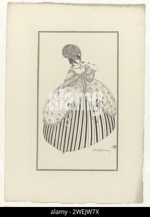 Journal des dames et de la mode, costumes parisiens, 1914, n° 142, 1914 Manon. Femme masquée vêtue d'un costume basé sur l'opéra du XVIIIe siècle 'Manon'. Elle porte une robe à motif fleuri, ornée de guirlandes et d'arcs, sur un jupon rayé. Proef pression d'un tirage du magazine de mode Journal des Dames et des modes (1912-1914). plaques de mode gravées en papier. arc (partie ornementale des vêtements) (+ vêtements pour femmes). masque en velours noir ou satin, 'loup', 'cachenez' (+ vêtements pour femmes). collier (+ vêtements pour femmes). robe, robe (+ vêtements pour femmes). costume historique (+ femmes Banque D'Images