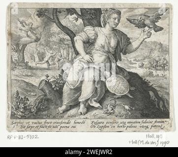 Sensation des sens, Nicolaes de Bruyn, d'après Maerten de vos, 1581 - 1656 imprimer Femme comme personnification du sentiment des sens assis dans le paysage avec perroquet sur la main et tortue sur le sol. L'expulsion d'Adam et Eva du paradis est montrée en arrière-plan. En marge sous deux lignes Latin. sensation de gravure sur papier (un des cinq sens). oiseaux d'ornement : perroquet. tortues, tortues. Expulsion d'Adam et Ève du paradis (Genèse 3:22-24) Banque D'Images