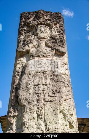 Stela B sculpture sur pied aux ruines mayas de Copan, ruines de Copan, Honduras Banque D'Images