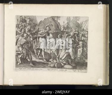 Abigaïl demande pardon à David, Anonyme, après Maerten de vos, 1585 print Abigaïl s'agenouille pour David, lui offre la nourriture et lui demande pardon pour le comportement de son mari Naal, qui a refusé la nourriture à David. Derrière David se trouvent ses compagnons de combat. Derrière les serviteurs de cheveux abigaïl avec le paquet de nourriture. Sous le spectacle une référence en latin au texte de la Bible en 1 SAM. 25. Ce tirage fait partie d'un album. Gravure sur papier rencontre de David et Abigail, qui s'agenouille devant lui Banque D'Images