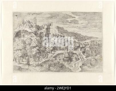 Paysage avec des femmes à la chasse, c. 1550 - c. 1570 imprimer paysage large avec un rocher avec des maisons pittoresques et tourelles sur la gauche. Un robinet avec poulie est placé contre la paroi rocheuse. Parti pour une forêt avec quelques figures féminines en chasse (peut-être Diana et ses nymphes). Il y a un étang au milieu et une rivière coule sur la droite avec une ferme avec un moulin à eau sur la rive. A l'horizon une chaîne de montagnes avec maisons et obélisques. Papier gravure Diana chasse. vue sur la ville et paysage avec constructions artificielles Banque D'Images