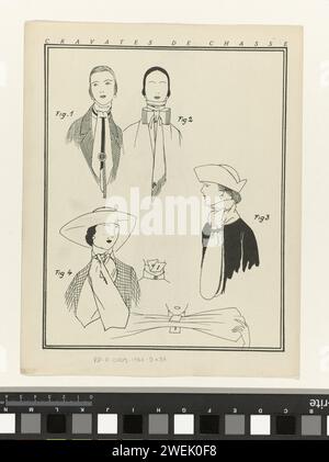 Gazette de bon ton. Art -modes & Frivolités, 1922 - No 8 : cravate de chasse, anonyme, 1922 quatre cravates pour femmes. Croquis No i verso de Gazette du bon ton 1922, No 8. Explication sur les vêtements à la page 'verso des pages de croquis (modèles de la Gazette). impression typographique de plaques de mode en papier. cou-équipement  vêtements (+ vêtements pour femmes). casque (+ vêtements pour femmes) Banque D'Images