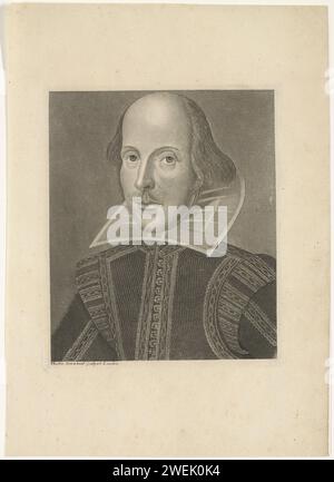 Portrait de William Shakespeare, Martin Droeshout (II), 1623 - 1639 papier gravure / gravure de personnages historiques. portrait d'un écrivain Banque D'Images