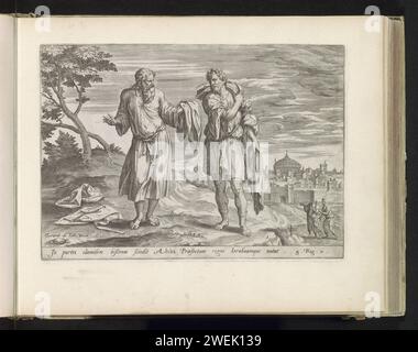 Jerobeam en de profeet Achia, Hans Collaert (I) (attribué à), d'après Ambrosius Francken (I), 1585 print le prophète Achia a déchiré son manteau en douze morceaux et en remet dix à JeroBeam. La cape déchirée symbolise la scission du peuple juif. JeroBeam devint roi de dix des douze tribus. Sous le spectacle une référence en latin au texte de la Bible en 1 Kon. 11. Ce tirage fait partie d'un album. Jéroboam et le prophète Achija, gravés sur papier, rendent son vêtement en douze morceaux, dont dix à Jéroboam Banque D'Images