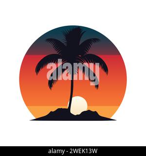 Coucher de soleil sur l'île avec silhouette de palmier de noix de coco sur la conception de vecteur de fond rond de couleur d'été vibrante Illustration de Vecteur