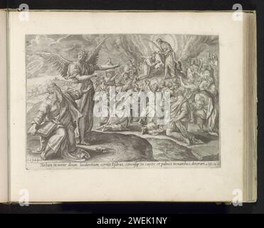 Première vision d'Esdras : le fils de Dieu couronne la foule, Anonyme, d'après Maerten de vos, 1585 imprimer Esdras est au premier plan à droite et est pointé par un ange pour une vision. Esdras voit le fils de Dieu sur le mont Sion, qui éloigne le peuple et honore ses branches de palmier. Sous le spectacle une référence en latin au texte de la Bible Apocorive dans 4 Esdras 2. Ce tirage fait partie d'un album. Gravure sur papier d'autres scènes d'Ezra et d'Esdras Banque D'Images