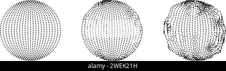 Ensemble de sphères pointillées avec effet fondu. Collection de cercles à désintégration pointillée. Boules de texture demi-ton avec grain de travail de points de bruit. Particules grunges radiales. Faisceau d'éléments de sphère de point. Vecteur Illustration de Vecteur