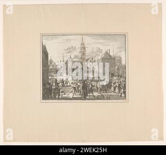Modification d'Amsterdam, 26 mai 1578, Jan Luyken, 1703 impression modification d'Amsterdam, 26 mai 1578. Le conseil municipal d'esprit espagnol et le clergé romain sont forcés de partir, sur le quai près du barrage, ils obtiennent dans des bateaux prêts. hôtel de ville à gravure de papier. maison de pesée. église (extérieur) barrage. Hôtel de ville d'Amsterdam (14e siècle-1652). Waag sur la place du Dam. nouvelle église Banque D'Images