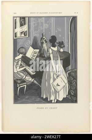Modes et manières d'aujourd'hui, 1922, pl. 2 : piano et chant, 1923 deux femmes dont un piano va et l'autre chante. Au-dessus du piano se trouve un miroir dans lequel la femme chantante peut être vue. Elle a la partition de Darius Milhaud avec deux mains sur le dos. Il y a un violon sur le piano. L'estampe fait partie d'une série de 12 gravures sur bois de Fernand Siméon, avec des paroles de Paul Valery, pour la septième partie (10e année 1922) de modes et manières d'aujourd'hui. Chaque édition avait un tirage de seulement 300 pièces et était exclusivement consacrée à un artiste qui a conçu 12 estampes autour d'un certain thème. TH Banque D'Images