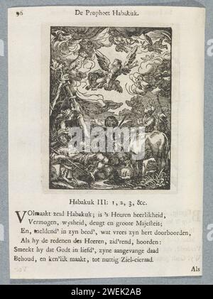 Procédure aux bergers, 1740 imprimer traitement des bergers, utilisé ici comme image de la prière du prophète Habakkuk. Un groupe de bergers est réveillé par un ange. L'homme au milieu plie ses mains. Un titre au-dessus du spectacle. Ci-dessous six versets et une référence à Habakkuk 3 : 1-3. L'impression fait partie d'un album. Impression typographique papier prière d'Habakkuk (Habakkuk 3). annonciation de la naissance du Christ aux bergers (et/ou bergers) la nuit ; une foule d'anges chantant dans les airs Banque D'Images